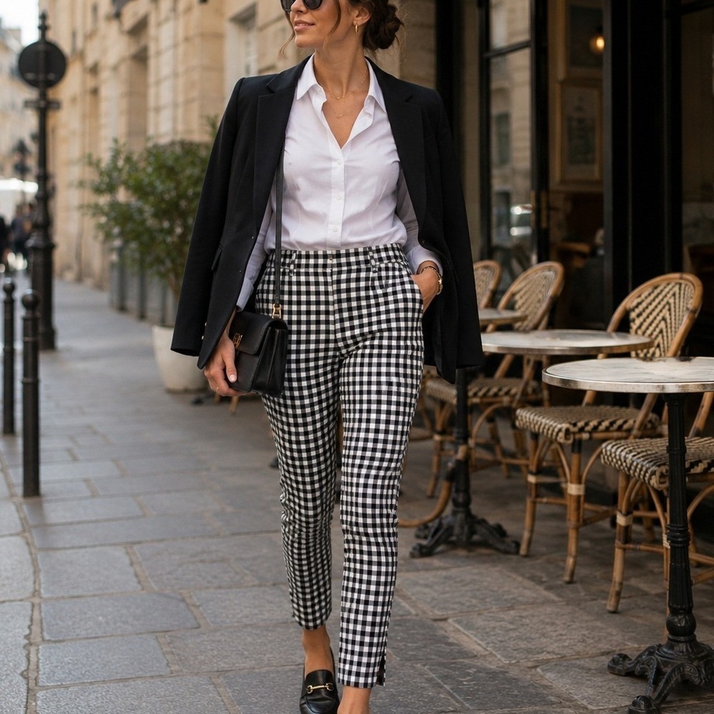 LOFT Marisa Gingham Ankle Pants Size 00 Black White Slim Career‎ Preppy Parisian